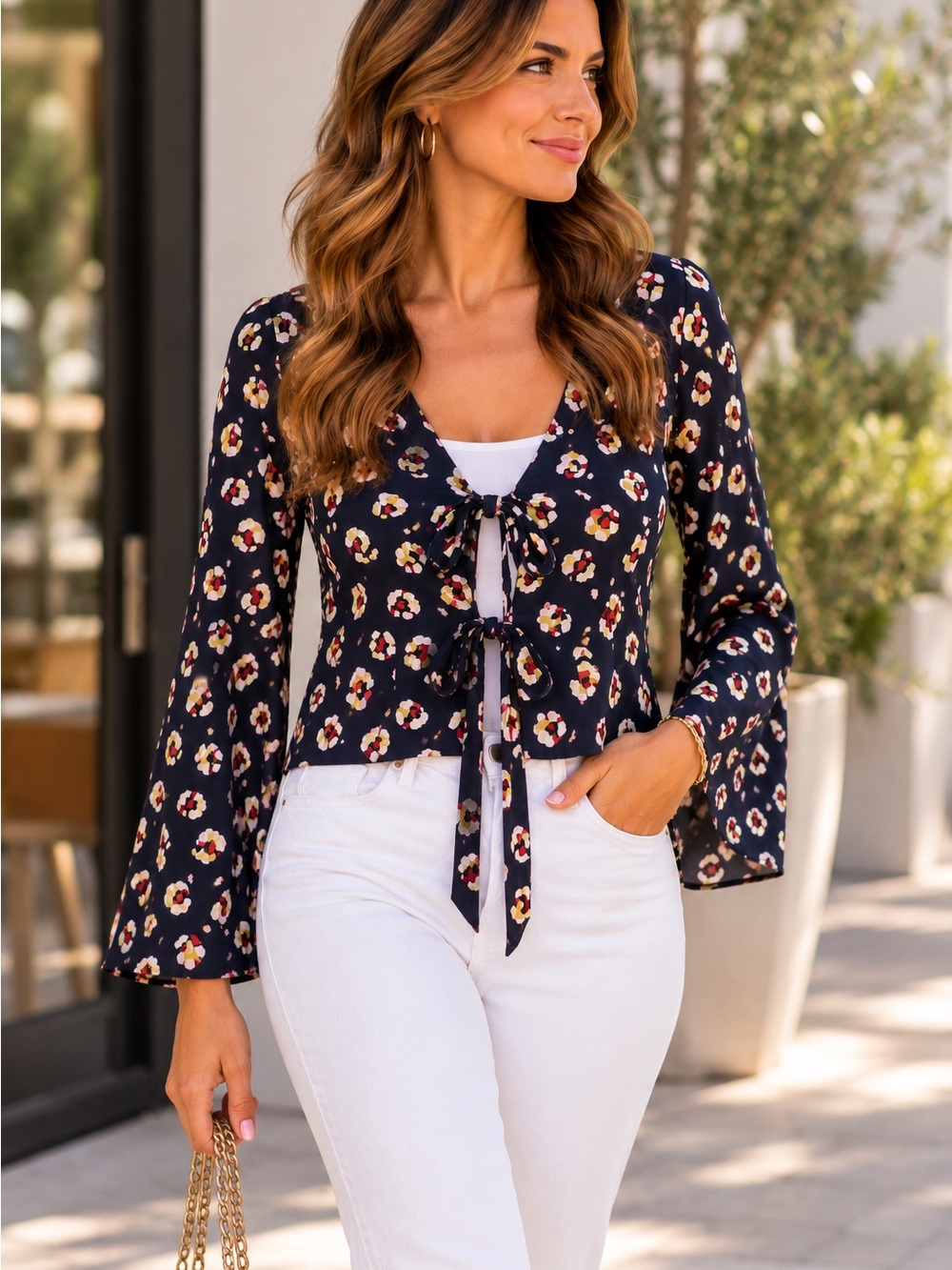 BCBGeneration Navy Floral Tie-Front Crop Blouse